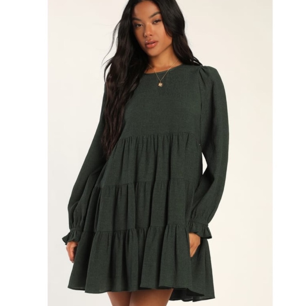 Lulus Adorable Days Hunter Green Tiered Babydoll Dress - Size Medium